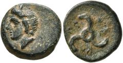 Greek DYNASTS OF LYCIA. Perikles, circa 380-360 BC. AE (Bronze, 14 mm, 2.63 g). Horned head of Pan to left. Rev. 𐊓𐊁-𐊕𐊆-𐊋𐊍 Triskeles. Müseler VIII, 53. SNG von Aulock 4258. Very fine. From the co