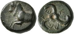 Greek DYNASTS OF LYCIA. Perikles, circa 380-360 BC. AE (Bronze, 10 mm, 1.29 g). Forepart of a horse to left. Rev. 𐊓𐊁-𐊕𐊆-𐊋𐊍 ('Perikle' in Lycian) Triskeles. Müseler VIII, 56. SNG von Aulock 4262.