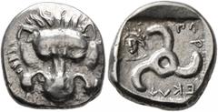 Greek DYNASTS OF LYCIA. Perikles, circa 380-360 BC. 1/3 Stater (Silver, 16 mm, 3.34 g, 12 h). Facing lion's scalp. Rev. 𐊓𐊁-𐊕-𐊆𐊋𐊍𐊁 ('Perikle' in Lycian) Triskeles; to left, laureate and draped b