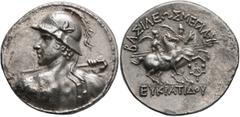 Oriental Greek BAKTRIA, Greco-Baktrian Kingdom. Eukratides I, circa 170-145 BC. Tetradrachm (Silver, 32 mm, 16.17 g, 12 h), Aï Khanoum (?). Diademed and heroically nude bust of Eukratides I to left, w