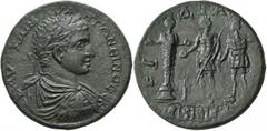 Roman Provincial CARIA. Cidramus. Elagabalus, 218-222. Hexassarion (Bronze, 34 mm, 22.36 g, 6 h). AYT KAI M AY ANTΩNЄINOC CЄB Laureate, draped and cuirassed bust of Elagabalus to right, seen from behi