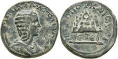 Roman Provincial CAPPADOCIA. Caesaraea-Eusebia. Annia Faustina, Augusta, 221. Tetrassarion (Bronze, 28 mm, 12.51 g, 12 h), RY 5 = 221/2. ANNIA ΦAYCTINA CE Diademed and draped bust of Annia Faustina se