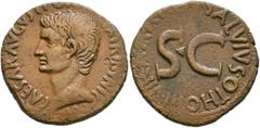 Roman Imperial Augustus, 27 BC-AD 14. As (Copper, 27 mm, 10.69 g, 11 h), with Salvius M. Otho, moneyer. Rome, 7 BC. CAESAR AVGVST•PONT•MAX•TRIBVNIC POT Bare head of Augustus to left. Rev. M SALVIVS OT