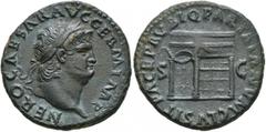 Roman Imperial Nero, 54-68. As (Copper, 27 mm, 10.28 g, 6 h), Rome, 65. NERO CAESAR AVG GERM IMP Laureate head of Nero to right. Rev. PACE P R VBIQ PARTA IANVM CLVSIT / S - C Temple of Janus with latt