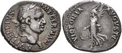 Roman Imperial Vitellius, 69. Denarius (Silver, 19 mm, 3.56 g, 5 h), Lugdunum. A VITELLIVS IMP GERMAN Laureate head of Vitellius to left, with small globe at point of bust. Rev. VICTORIA AVGVSTI Victo