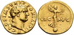 Roman Imperial Titus, as Caesar, 69-79. Aureus (Gold, 19 mm, 7.11 g, 7 h), Rome, 72-73. T CAES IMP VESP PONT TR POT Laureate head of Titus to right. Rev. VIC - AVG Victory standing right on globe, hol