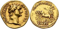 Roman Imperial Domitian, 81-96. Aureus (Gold, 20 mm, 7.71 g, 6 h), Rome, 92-94. DOMITIANVS AVGVSTVS Bare head of Domitian to right. Rev. GERMANICVS COS XVI Domitian standing left in slow triumphal qua