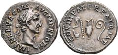 Roman Imperial Nerva, 96-98. Denarius (Silver, 19 mm, 3.37 g, 6 h), Rome, 97. IMP NERVA CAES AVG P M TR POT II Laureate head of Nerva to right. Rev. COS III PATER PATRIAE Simpulum, sprinkler, jug and 