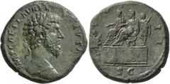 Roman Imperial Lucius Verus, 161-169. Sestertius (Orichalcum, 32 mm, 23.90 g, 11 h), Rome, March-December 161. IMP CAES L AVREL VERVS AVG Laureate and cuirassed bust of Lucius Verus to right, seen fro