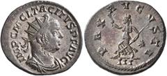 Roman Imperial Tacitus, 275-276. Antoninianus (Silvered bronze, 22 mm, 3.52 g, 6 h), Lugdunum, June 276. IMP C M CL TACITVS P F AVG Radiate, draped and cuirassed bust of Tacitus to right. Rev. PAX AVG