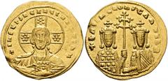 Byzantine Basil II Bulgaroktonos, with Constantine VIII, 976-1025. Histamenon (Gold, 23 mm, 4.41 g, 7 h), Constantinopolis, circa 989-1001. +IҺS XIS RЄX RЄGNANTIҺm Nimbate bust of Christ facing, weari