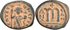Early Medieval & Islamic ISLAMIC, Time of the Rashidun. Pseudo-Byzantine types. Fals (Bronze, 23 mm, 4.67 g, 6 h), imitating the EN T૪TO NIKA follis of Constans II, before AH 24 = AD 645. ЄN T૪TO NCPV