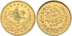 Early Medieval & Islamic ISLAMIC, Ottoman Empire. 'Abd al-Majid I, AH 1255-1277 / AD 1839-1861. 250 Kurush (Gold, 27 mm, 18.00 g, 12 h), Qustantiniya, AH 1255 = AD 1839 / RY 18 = AH 1273. Pere 877. Su