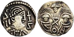World BRITISH, Anglo-Saxon. Pale Gold Phase. Circa 645-665/70. Pale AV Thrymsa – Shilling (Electrum, 12 mm, 1.19 g, 2 h), 'two emperors' type. Diademed and draped imperial bust to right; before, cross