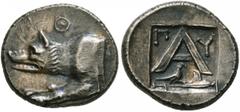 Greek ARGOLIS. Argos. Circa 270-260/50 BC. Triobol (Silver, 15 mm, 2.64 g, 10 h). Forepart of wolf at bay to left; above, Θ. Rev. Large A; to left and right, Π-Υ; below, eagle standing right on harpa;