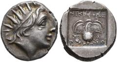 Greek ISLANDS OFF CARIA, Rhodos. Rhodes. Circa 88-84 BC. Drachm (Silver, 15 mm, 3.08 g, 12 h), 'Plinthophoric' coinage, Nikephoros, magistrate. Radiate head of Helios to right. Rev. ΝΙΚΗΦΟΡΟΣ / P - O 