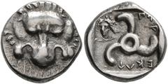 Greek DYNASTS OF LYCIA. Perikles, circa 380-360 BC. 1/3 Stater (Silver, 15 mm, 3.14 g, 9 h). Facing lion's scalp. Rev. 𐊓𐊁-𐊕-𐊆𐊋𐊍𐊁 ('Perikle' in Lycian) Triskeles; to left, laureate and draped bu