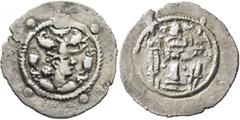 Central Asian HUNNIC TRIBES, Hephthalites. Drachm (Silver, 30 mm, 3.46 g, 3 h), imitating a drachm of the Sasanian King Peroz I (457/9-484) from Balkh, 6th century. Draped bust of Peroz I to right, we