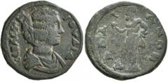Roman Provincial LYDIA. Daldis. Julia Domna, Augusta, 193-217. Diassarion (Bronze, 23 mm, 6.76 g, 6 h). ΙΟΥΛΙΑ CЄΒΑCTH Draped bust of Julia Domna to right. Rev. ΔΑΛΔΙΑΝΩΝ Terminal statue of Herakles s