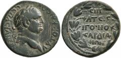 Roman Provincial LYDIA. Sardis. Vespasian, 69-79. Assarion (Bronze, 22 mm, 6.36 g, 7 h), T. Fl. Eisigonos, strategos. AYTOK KAIC OYЄCΠACIANΩN Laureate head of Vespasian to right. Rev. ЄΠI / ΦΛ T (sic!
