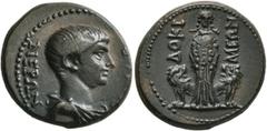 Roman Provincial PHRYGIA. Docimeium. Nero, 54-68. Assarion (Bronze, 19 mm, 4.95 g, 12 h). NEPΩN [KAIΣ]AP Bare-headed and draped bust of Nero to right. Rev. ΔOKI-MEΩN Kybele standing facing between two