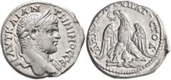 Roman Provincial PHOENICIA. Tyre. Caracalla, 198-217. Tetradrachm (Billon, 26 mm, 11.84 g, 6 h), 213-217. ΑΥΤ ΚΑΙ ΑΝΤⲰΝΙΝΟC CЄ Laureate head of Caracalla to right, with slight drapery on his left shou
