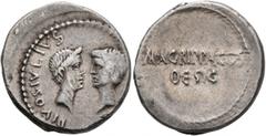 Roman Republican & Imperatorial Octavian and Divus Julius Caesar. Denarius (Silver, 20 mm, 4.08 g, 6 h), with M. Agrippa. Military mint traveling with Agrippa in Gaul or with Octavian in Italy, 38 BC.