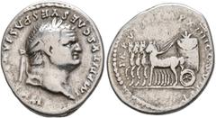 Roman Imperial Titus, 79-81. Denarius (Silver, 19 mm, 3.31 g, 5 h), Rome, 79. IMP TITVS CAES VESPASIAN AVG P M Laureate head of Titus to right. Rev. TR P VIIII IMP XIIII COS VII P P Quadriga to left, 