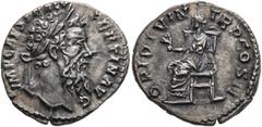 Roman Imperial Pertinax, 193. Denarius (Silver, 18 mm, 3.00 g, 12 h), Rome. IMP CAES P HELV PERTIN AVG Laureate head of Pertinax to right. Rev. OPI DIVIN TR P COS II Ops seated left, holding two grain
