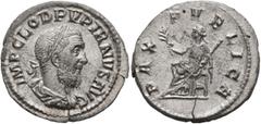 Roman Imperial Pupienus, 238. Denarius (Silver, 19 mm, 2.55 g, 12 h), Rome, circa April-June 238. IMP CLOD PVPIRNVS (sic!) AVG Laureate, draped and cuirassed bust of Pupienus to right, seen from behin