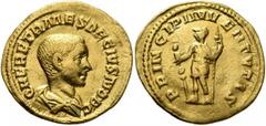 Roman Imperial Herennius Etruscus, as Caesar, 249-251. Aureus (Gold, 20 mm, 3.92 g, 6 h). Q HER ETR MES DECIVS NOB C Bare-headed and draped bust of Herennius Etruscus to right, seen from behind. Rev. 