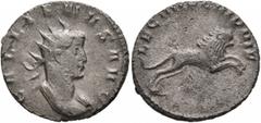 Roman Imperial Gallienus, 253-268. Antoninianus (Billon, 21 mm, 3.71 g, 7 h), Mediolanum, 260-261. GALLIENVS AVG Radiate and cuirassed bust of Gallienus to right. Rev. LEG IIII FL VI P VI F Lion leapi