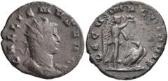 Roman Imperial Gallienus, 253-268. Antoninianus (Billon, 21 mm, 3.00 g, 7 h), Mediolanum, 260-261. GALLIENVS AVG Radiate and cuirassed bust of Gallienus to right. Rev. LEG V MAC VI P VI F Victory stan
