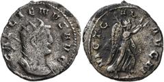 Roman Imperial Gallienus, 253-268. Antoninianus (Billon, 21 mm, 3.93 g, 1 h), Mediolanum, 260-261. GALLIENVS AVG Radiate and cuirassed bust of Gallienus to right. Rev. VICT GAL AVG III Victoria advanc