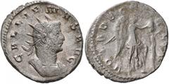 Roman Imperial Gallienus, 253-268. Antoninianus (Billon, 22 mm, 4.60 g, 5 h), Mediolanum, 262. GALLIENVS AVG Radiate and cuirassed bust of Gallienus to right. Rev. VOTA DECENALIA (sic!) Victory standi