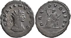 Roman Imperial Gallienus, 253-268. Antoninianus (Bronze, 22 mm, 4.24 g, 11 h), Rome, 263-264. GALLIENVS AVG Radiate and cuirassed bust of Gallienus to right. Rev. PAX PVBLICA / [V] Pax seated left, ho