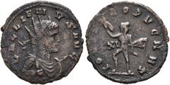 Roman Imperial Gallienus, 253-268. Antoninianus (Bronze, 21 mm, 1.91 g, 6 h), Rome, 265-267. GALLIENVS AVG Radiate and draped bust of Gallienus to right, holding spear in his right hand and shield wit
