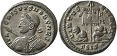 Roman Imperial Crispus, Caesar, 316-326. Follis (Silvered bronze, 19 mm, 2.94 g, 1 h), Siscia, 320. IVL CRISPVS NOB CAES Laureate and cuirassed bust of Crispus to left, holding spear and shield. Rev. 