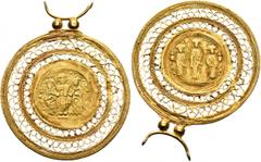 Byzantine Romanus IV Diogenes, with Eudocia, Michael VII, Constantius, and Andronicus, 1068-1071. Pendant (Gold, 43 mm, 9.37 g, 6 h), Constantinopolis. +RⲰmAN ЄVΔOKIA / IC - XC Three figures standing 