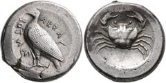 Greek SICILY. Akragas. Circa 470/465-440s. Tetradrachm (Silver, 27 mm, 17.39 g, 4 h). AKRAC- ΣOTИA Eagle standing left with closed wings. Rev. Crab within shallow circular incuse. Antike Kunst (1967),