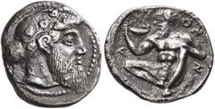 Greek SICILY. Naxos. Circa 461-430 BC. Drachm (Silver, 18 mm, 3.74 g, 2 h), circa 460. Bearded head of Dionysos to right, wearing wreath of ivy and with his hair tied in a krobylos at the back. Rev. N