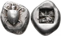 Greek ISLANDS OFF ATTICA, Aegina. Circa 550-530/25 BC. Stater (Silver, 23 mm, 12.24 g). Sea tortoise with thin collar and faint row of dots on its back. Rev. 'Union Jack' pattern reverse with eight se