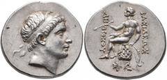 Greek SELEUKID KINGS OF SYRIA. Antiochos Hierax, circa 242-227 BC. Tetradrachm (Silver, 31 mm, 17.00 g, 12 h), Parion. Diademed head of Antiochos II to right. Rev. BAΣIΛEΩΣ - ANTIOXOY Apollo seated le
