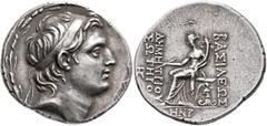 Greek SELEUKID KINGS OF SYRIA. Demetrios I Soter, 162-150 BC. Tetradrachm (Silver, 33 mm, 16.62 g, 1 h), Antiochia on the Orontes, SE 158 = 155/4. Diademed head of Demetrios I to right within laurel w
