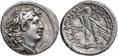 Greek SELEUKID KINGS OF SYRIA. Tryphon, circa 142-138 BC. Tetradrachm (Silver, 29 mm, 13.67 g, 1 h), Ptolemaic standard. Ake-Ptolemais, RY 4 = 139/8. Diademed and draped bust of Tryphon to right. Rev.