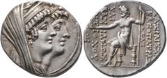 Greek SELEUKID KINGS OF SYRIA. Cleopatra Thea & Antiochos VIII, 126/5-121/0 BC. Tetradrachm (Silver, 29 mm, 16.41 g, 12 h), Ake-Ptolemais. Jugate busts of Cleopatra Thea, diademed, veiled and wearing 