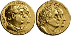 Greek PTOLEMAIC KINGS OF EGYPT. Ptolemy II Philadelphos, with Arsinöe II, Ptolemy I, and Berenike I, 285-246 BC. Mnaieion or Oktadrachm (Gold, 26 mm, 27.80 g, 12 h), Alexandria, circa 272-261/0. ΑΔΕΛΦ
