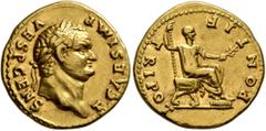 Roman Imperial Titus, as Caesar, 69-79. Aureus (Gold, 19 mm, 7.23 g, 12 h), Rome, struck under Vespasian, 73. T CAES IMP VESP CENS Laureate head of Titus to right. Rev. PONTIF TRI POT Titus seated rig