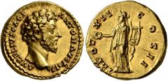 Roman Imperial Marcus Aurelius, as Caesar, 139-161. Aureus (Gold, 18 mm, 7.31 g, 12 h), Rome, 157-158. AVRELIVS CAES ANTON AVG PII F Bare head of Marcus Aurelius to right. Rev. TR POT XII COS II Apoll