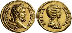 Roman Imperial Septimius Severus, with Julia Domna, 193-211. Aureus (Gold, 20 mm, 7.35 g, 6 h), Rome, 201. SEVERVS AVG PART MAX Laureate head of Septimius Severus to right. Rev. IVLIA AVGVSTA Draped b